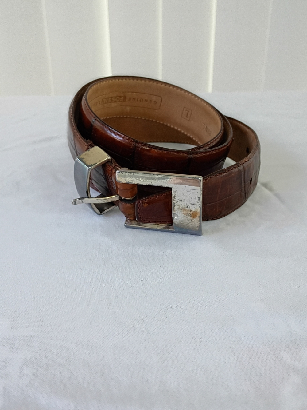 Fossil Belt Large Leather Croco Embossed Cowhide Brown Silver-tone Buckle